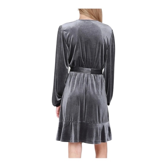 DEX Grey Velvet Wrap Fit & Flare Short Dress Ruffled Hem Women’s Size L - Picture 5 of 16